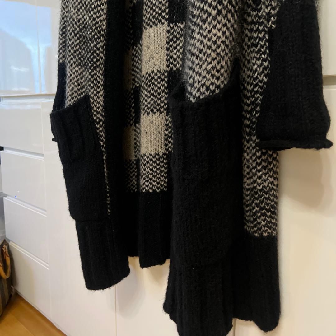 GroudY ロングニットカーディガン 黒とグレー チェック柄