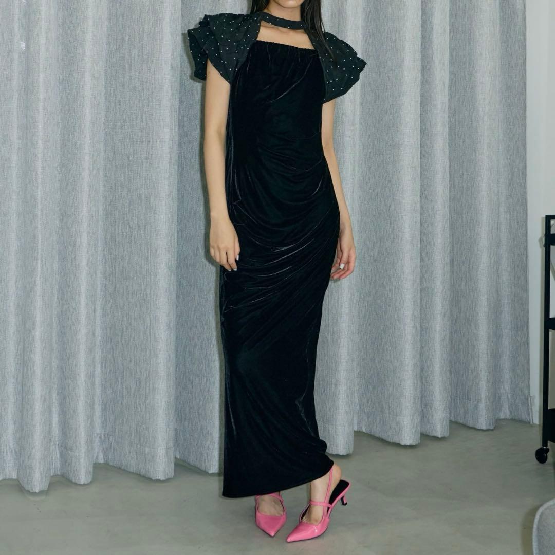 【未使用タグ付】ANDRESD ドレープベロアドレス　ドットブラック　M