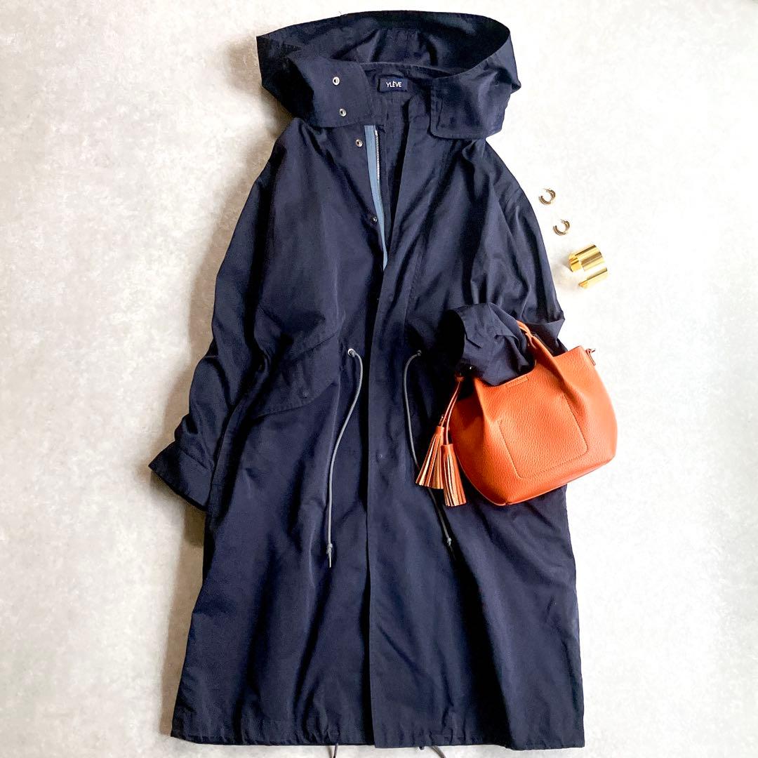 希少 イレーヴ コットンシルクモッズコート 紺 フードロングブルゾン 軽アウター