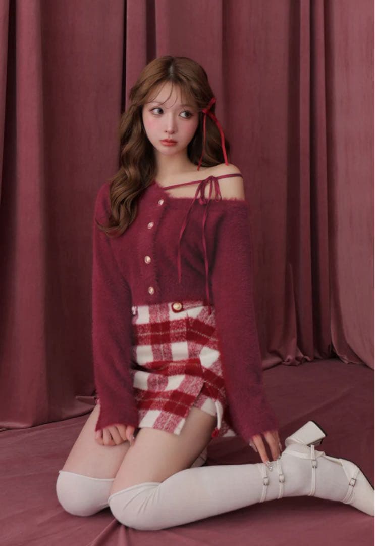 エムミーエメ Light shaggy check mini skirt