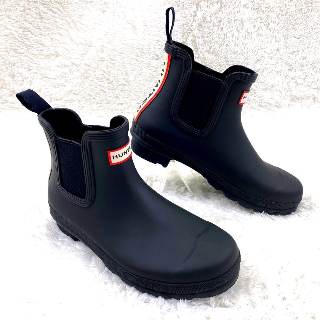 未使用級 HUNTER ロゴ バックストラップブーツ サイドゴア レインブーツ