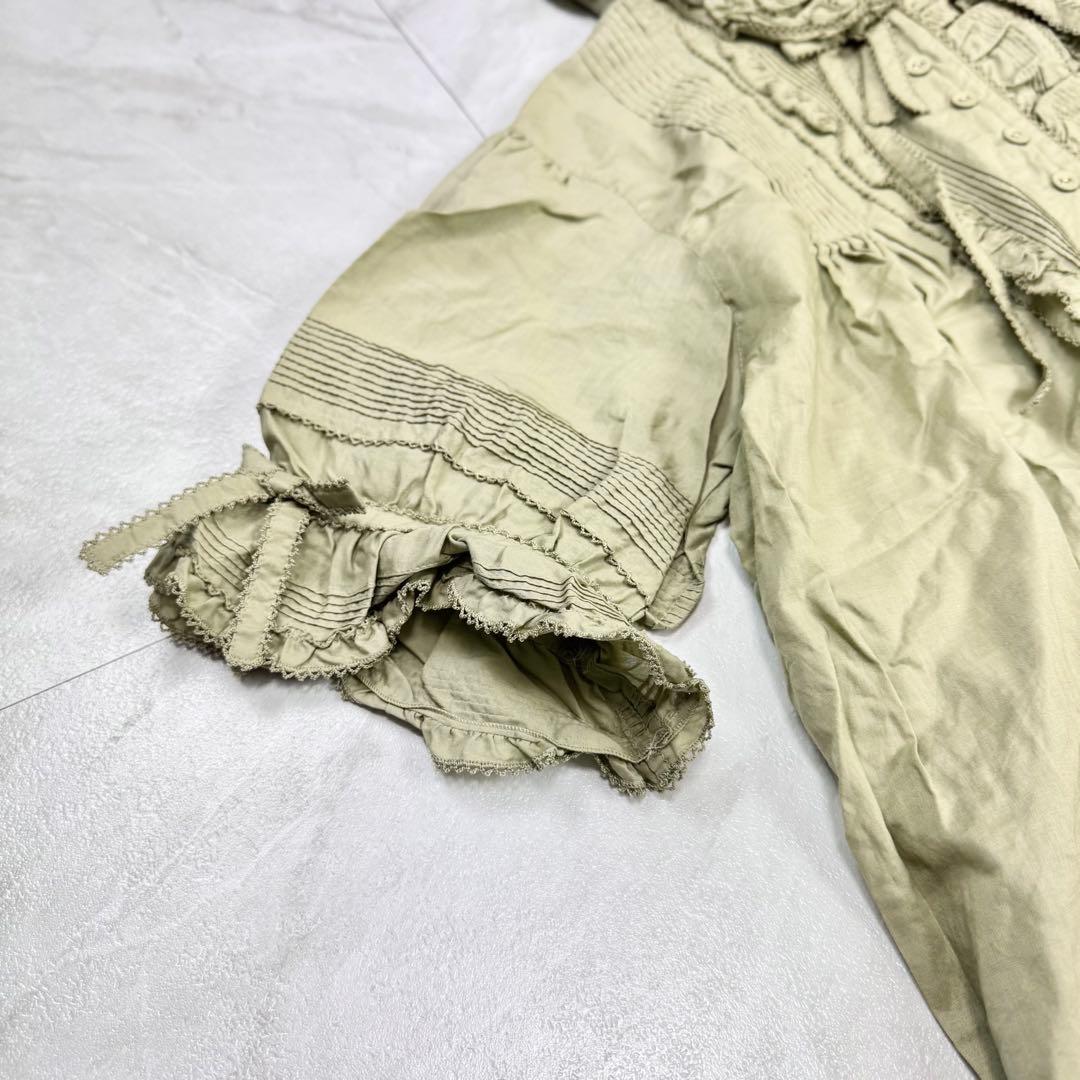 極美品 ピンクハウス ピコフリル ティアード リボン レース ブラウス グリーン