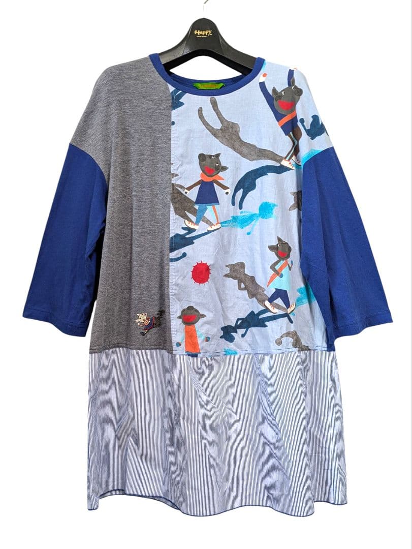 再値下げ！アルベロベロ♥️ぶたさん刺繍影絵　異素材パッチワークチュニック　ブルー