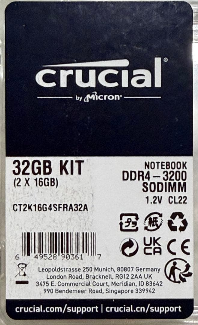 crusial DDR4-3200 ノートPC用メモリ　32GB（16GB×2）