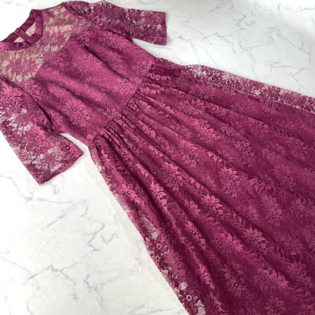 エメ AIMER プチハイネック袖付き花柄レースフィット＆フレアドレス Lサイズ