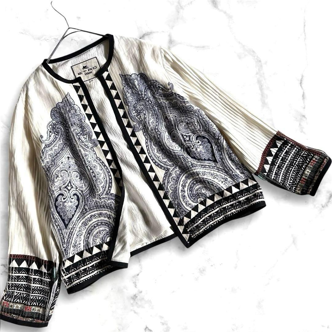 【極美品】 ETRO シルク ペイズリー 46 ノーカラージャケット プリーツ
