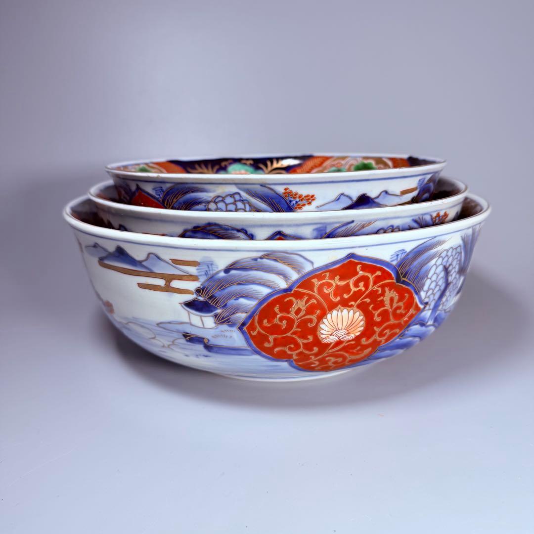 1900年代初頭　錦手　山水図三ツ鉢　箱有　青海波文　舟　二重高台　明治大正期