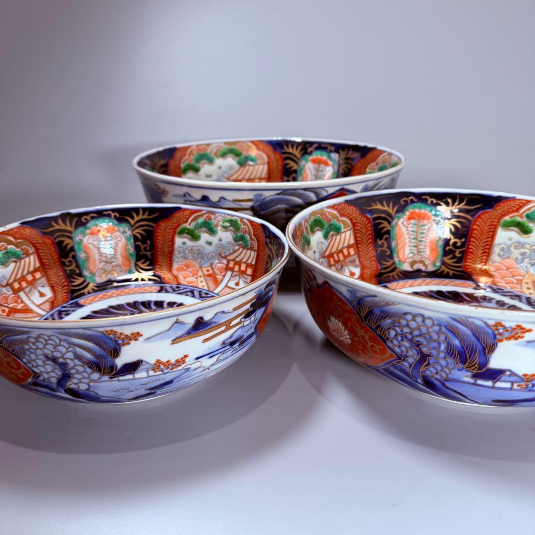 1900年代初頭　錦手　山水図三ツ鉢　箱有　青海波文　舟　二重高台　明治大正期