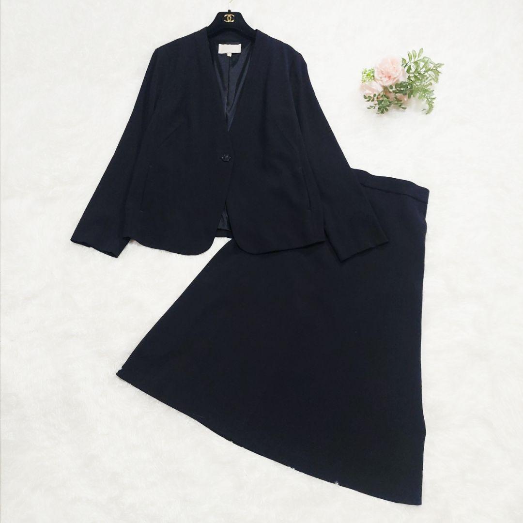 美品 自由区 大きいサイズ 44 洗える ストレッチ ノーカラー セットアップ