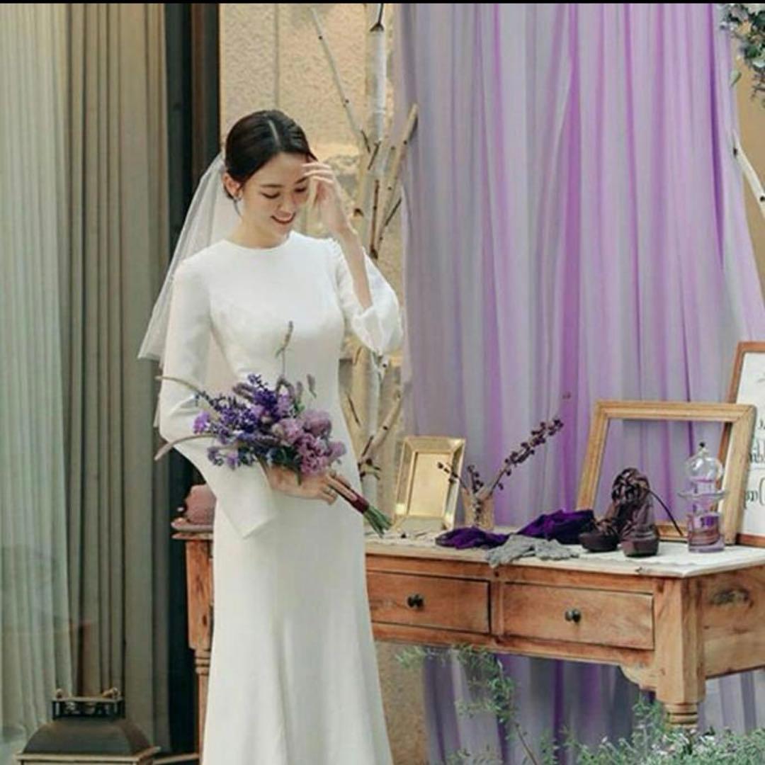 ウェディングドレス　長袖　クラシカル　韓国　フィッシュテール　トレーン