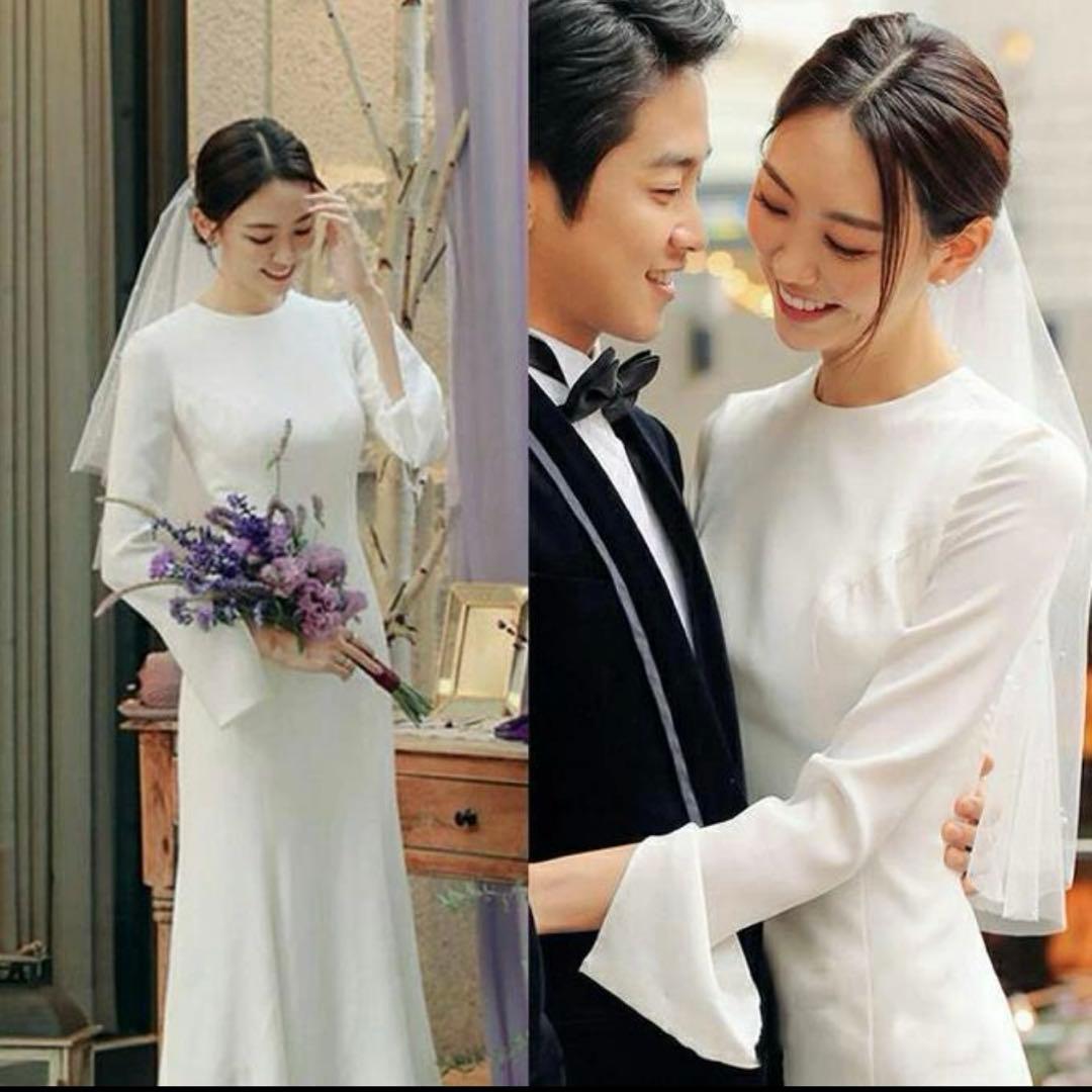 ウェディングドレス　長袖　クラシカル　韓国　フィッシュテール　トレーン