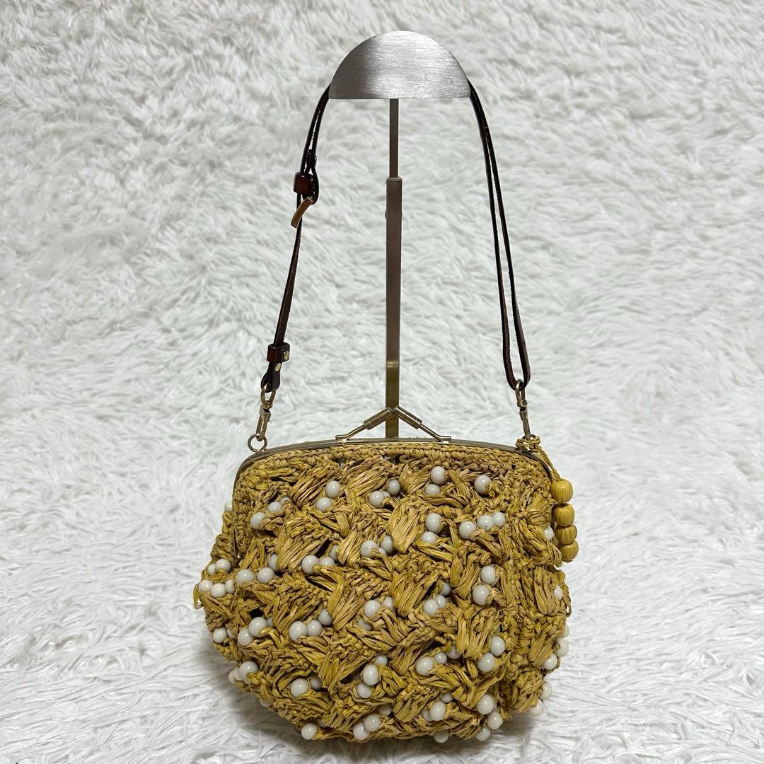 美品✨ジャマンピュエッシュ がま口 ビーズ ワンショルダーバッグ ラフィア カゴ