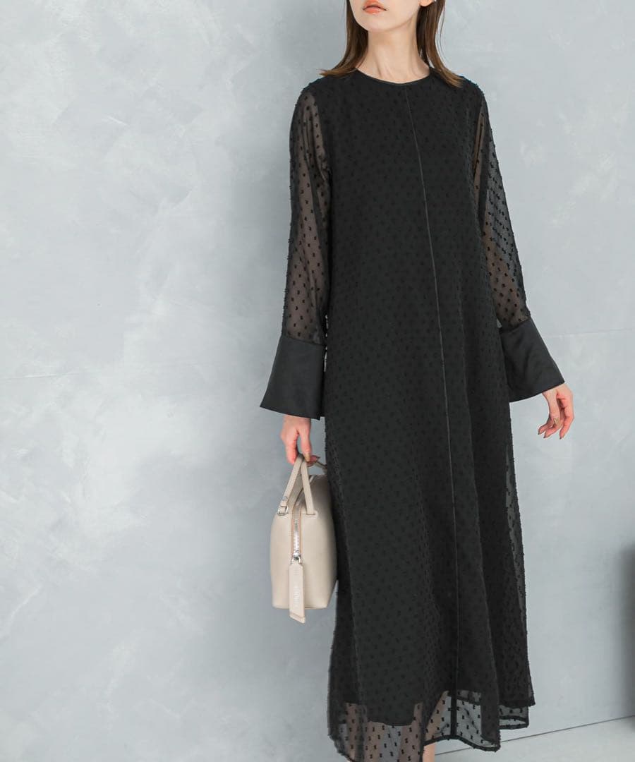 黒 ドット柄 フレアスリーブ パーティードレス