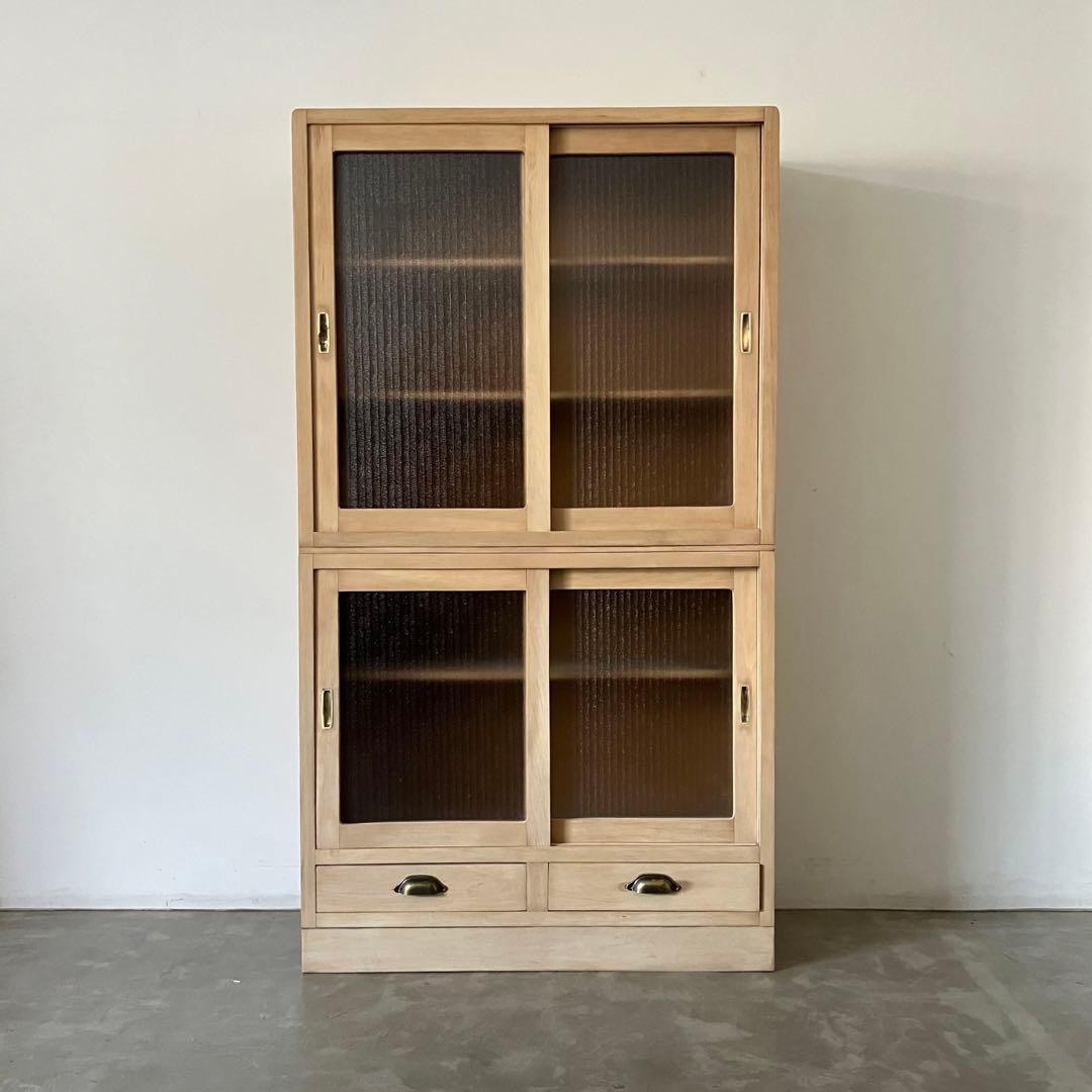 レトロ　アンティーク　古道具　古家具　剥離家具　ストリップド　食器棚　ガラス棚