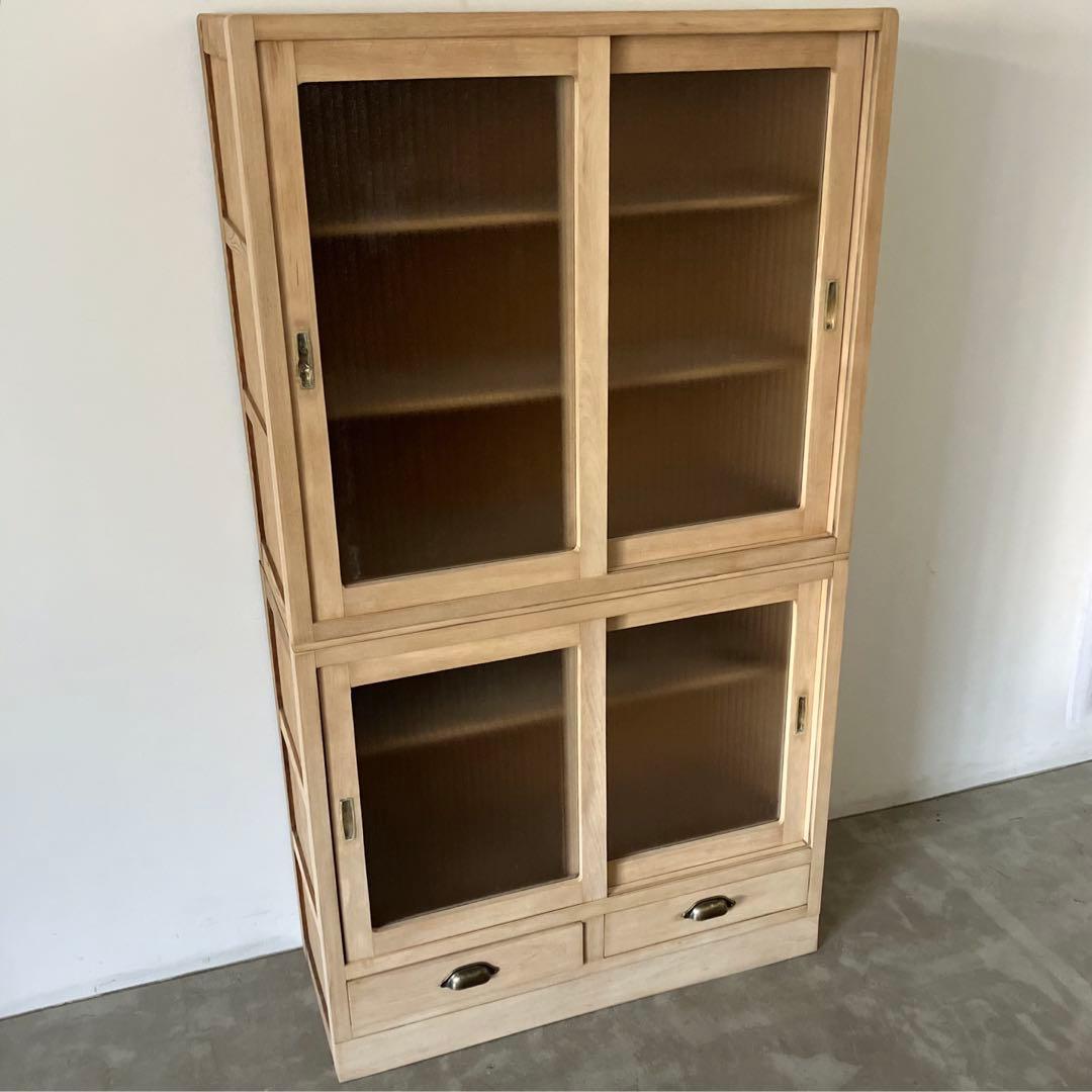 レトロ　アンティーク　古道具　古家具　剥離家具　ストリップド　食器棚　ガラス棚