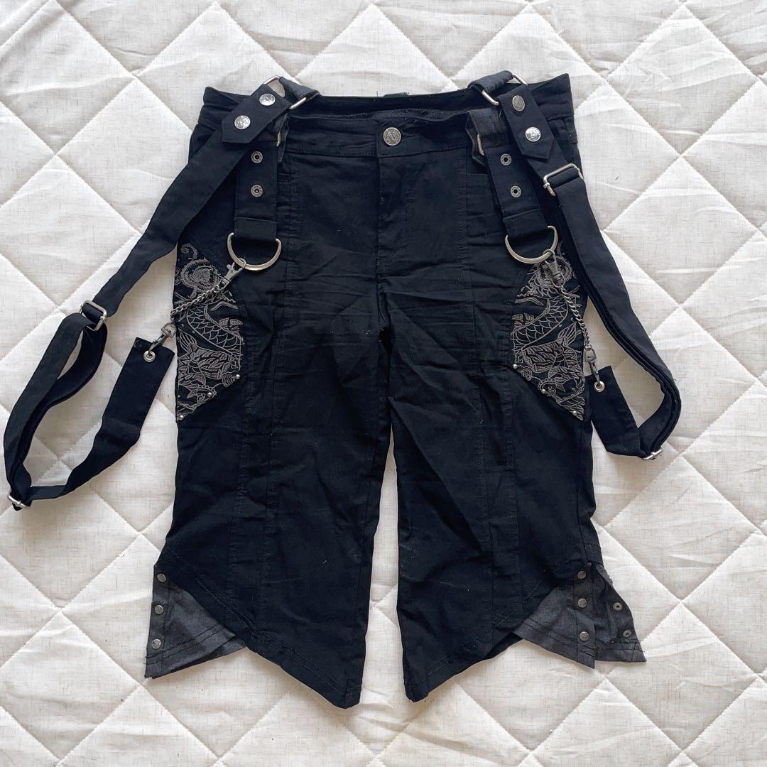 00s ozz croce サスペンダー付 龍プリントブラックデニムハーフパンツ