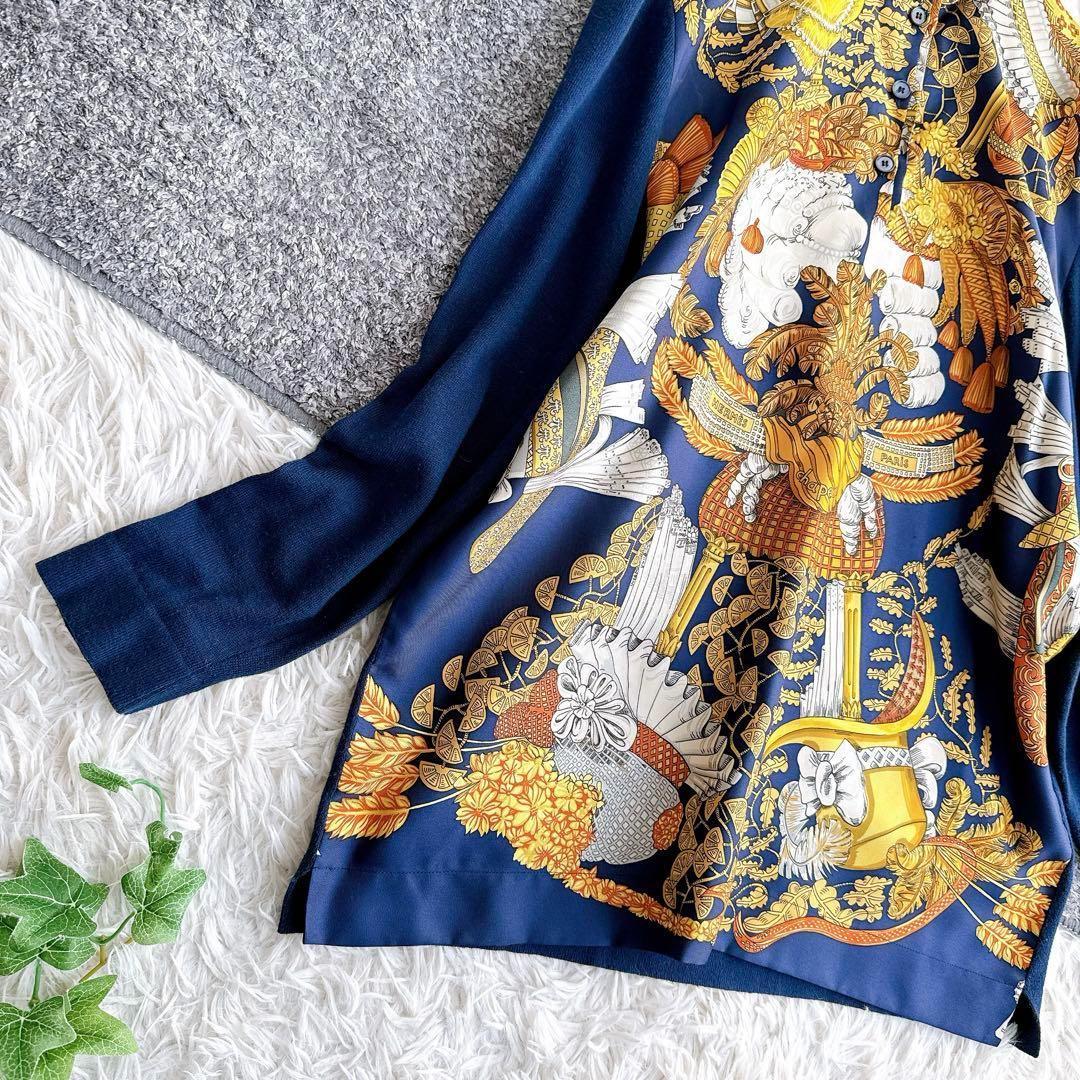 オールド エルメス ニット　切替　異素材　シャツ　ブラウス　シルク　カシミヤ　M