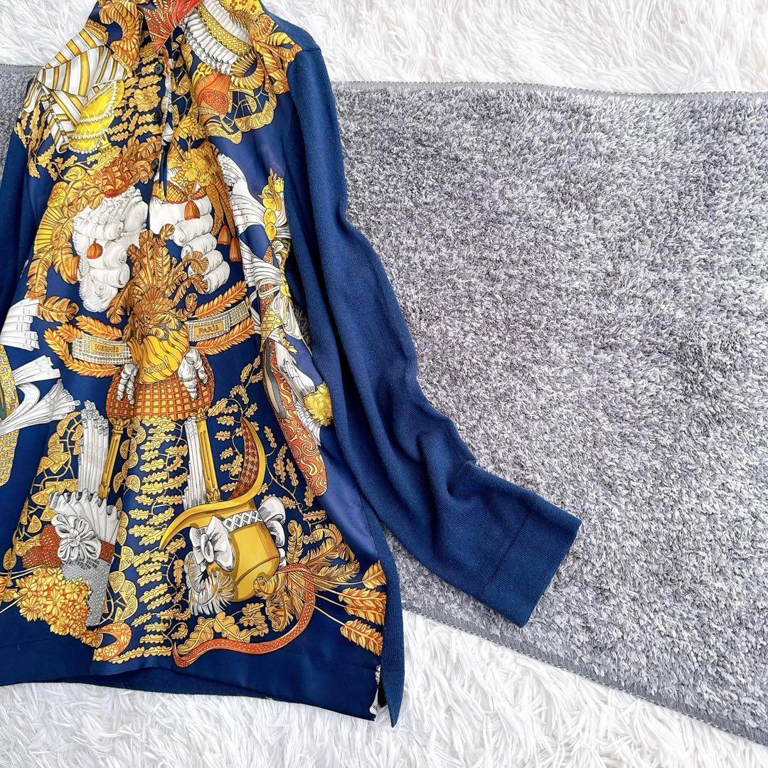 オールド エルメス ニット　切替　異素材　シャツ　ブラウス　シルク　カシミヤ　M