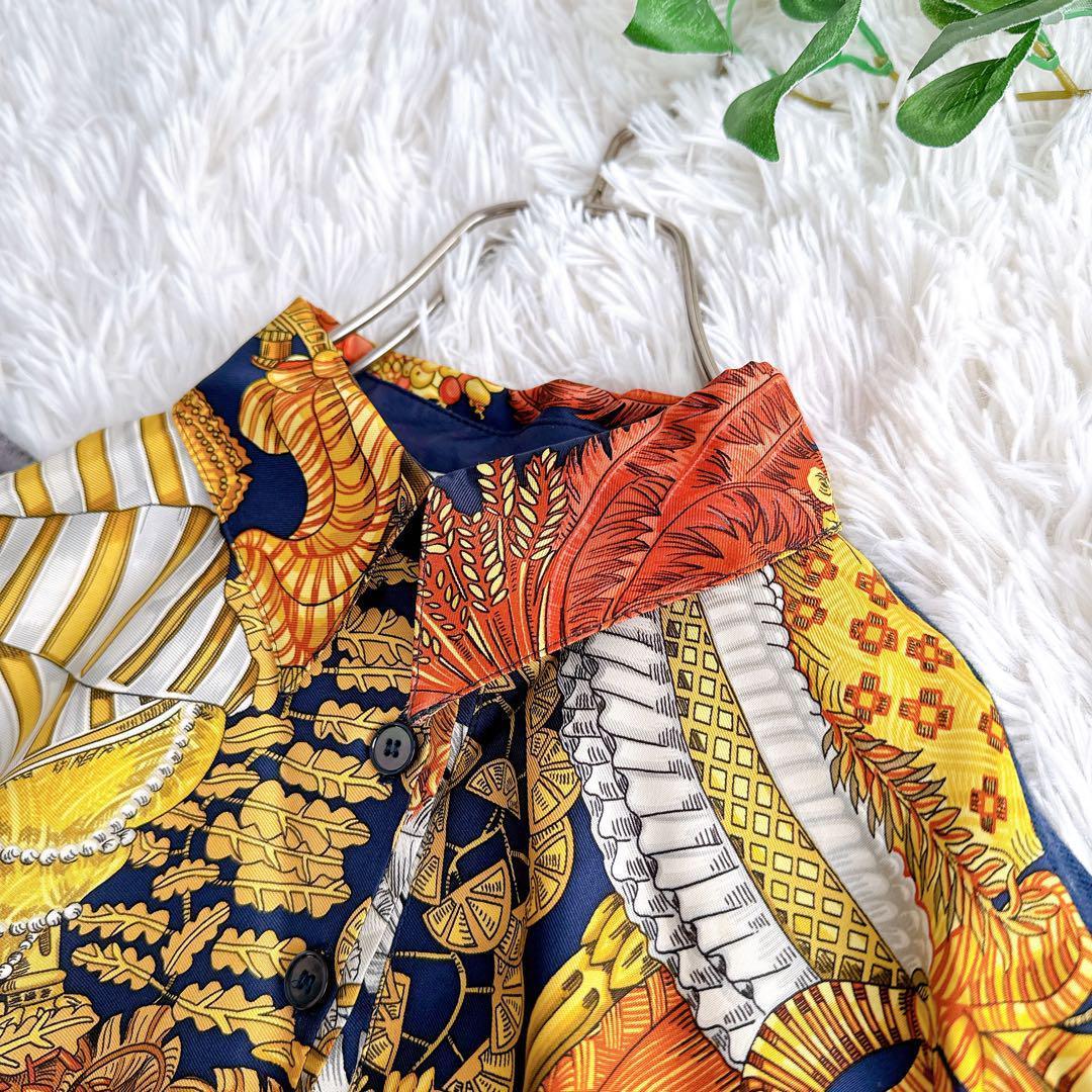 オールド エルメス ニット　切替　異素材　シャツ　ブラウス　シルク　カシミヤ　M