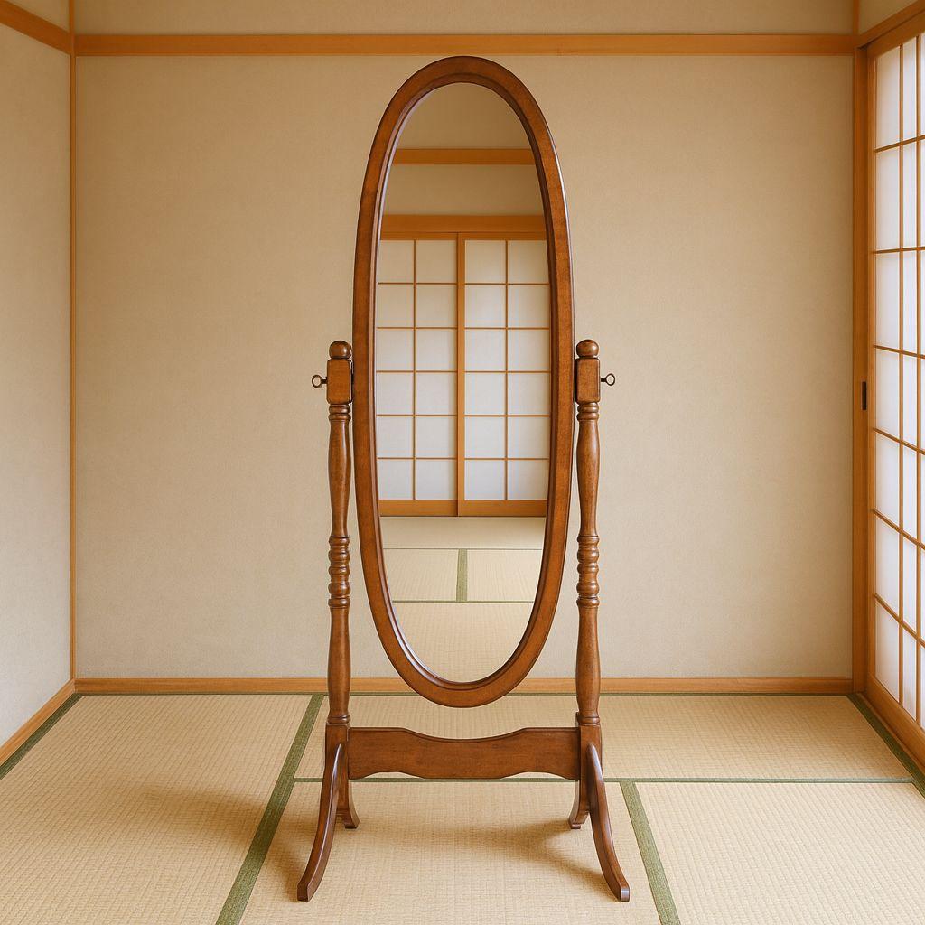 ​レトロ 姿見 楕円形 木製 スタンドミラー 天然木製 OM-340