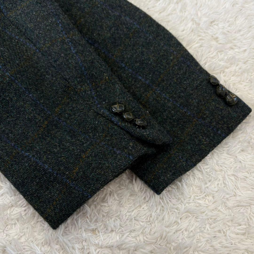 ハリスツイード テーラードジャケット くるみボタン チェック 3L 深緑