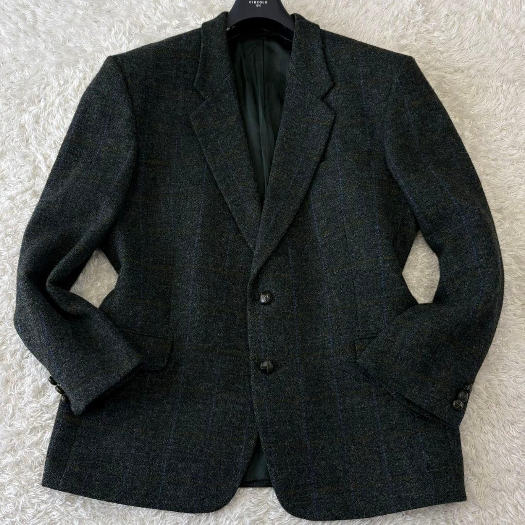 ハリスツイード テーラードジャケット くるみボタン チェック 3L 深緑