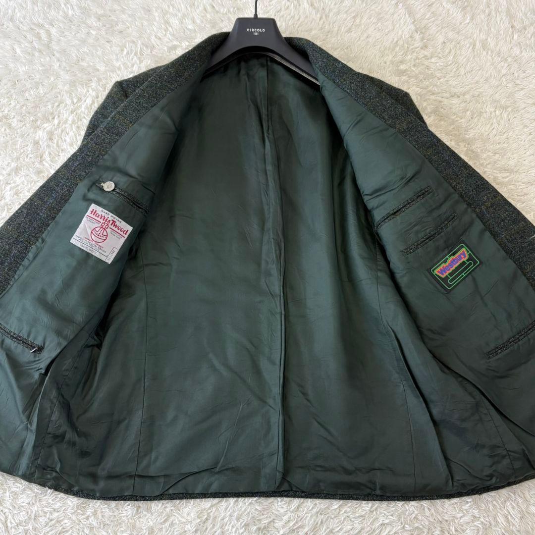 ハリスツイード テーラードジャケット くるみボタン チェック 3L 深緑