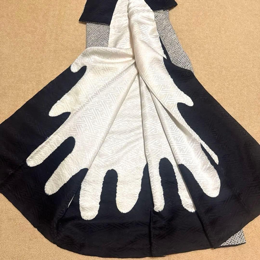 本疋田 総絞り 正絹 袷 小紋 着物 黒白 モノトーン 色無地 お稽古 リメイク