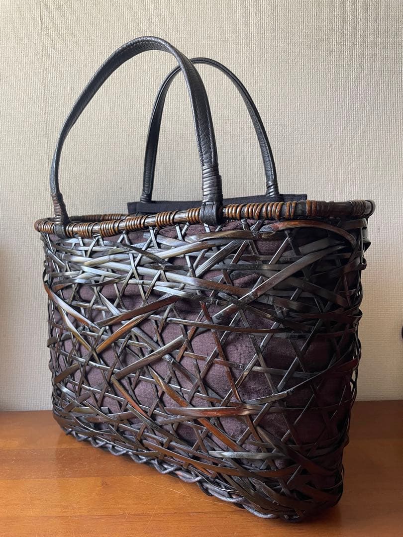c*o様 竹　ダークブラウン編み込みデザインかごバッグ