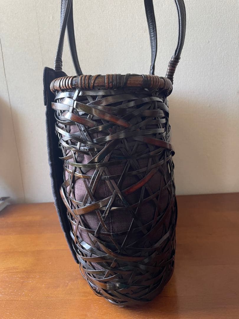 c*o様 竹　ダークブラウン編み込みデザインかごバッグ