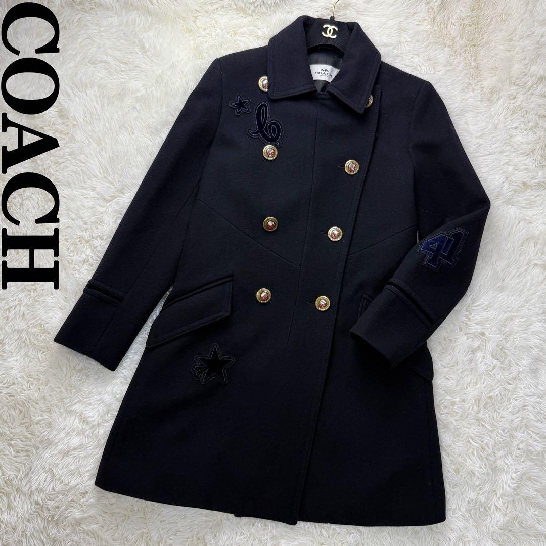 美品♡COACH コーチ ワッペン デザイン 金釦 ボタン ウール コート 黒