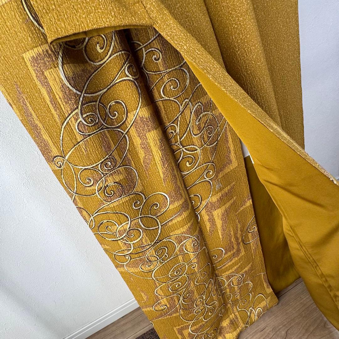 超美品　正絹　袷　広襟　訪問着　着物 168裄67 ふくれ織　からし　黄　トール