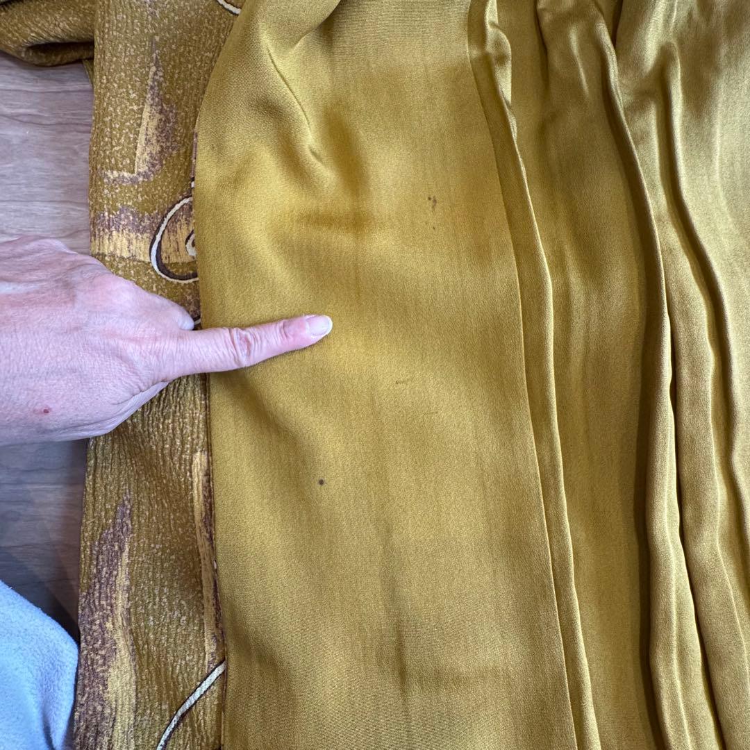 超美品　正絹　袷　広襟　訪問着　着物 168裄67 ふくれ織　からし　黄　トール