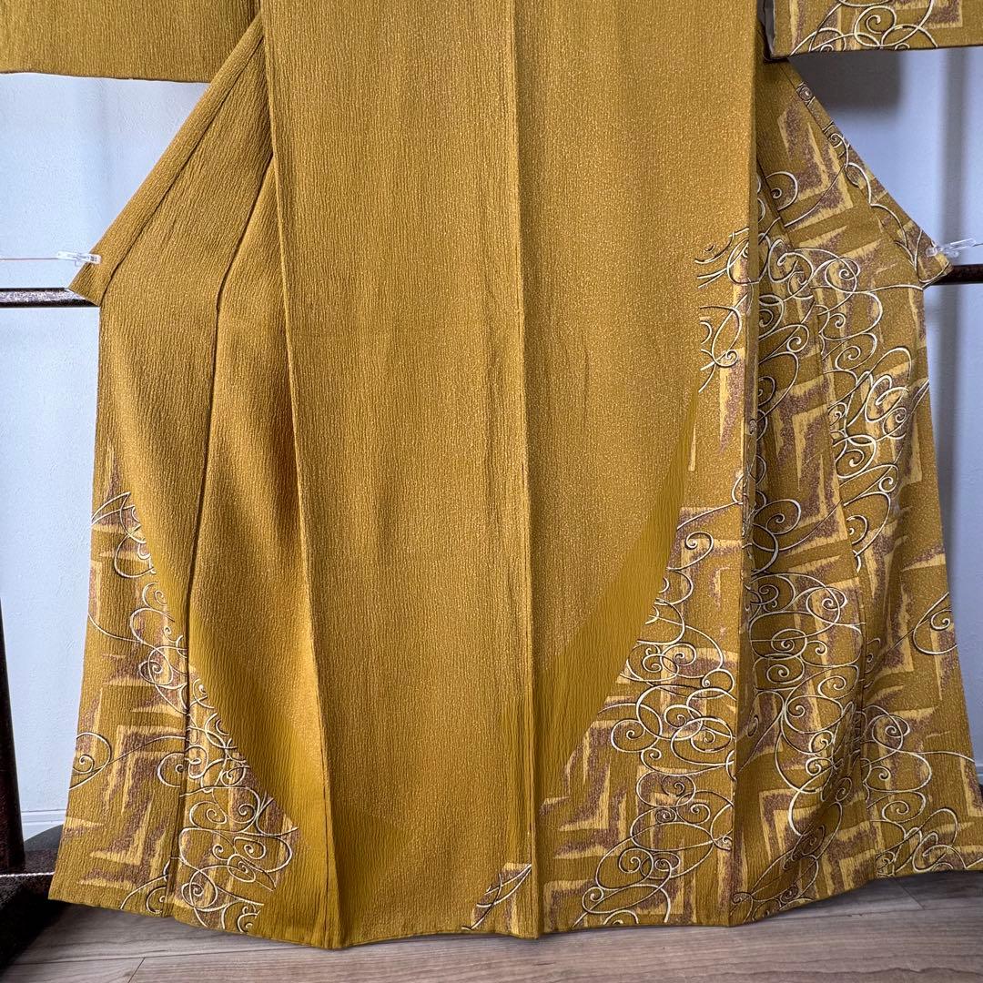 超美品　正絹　袷　広襟　訪問着　着物 168裄67 ふくれ織　からし　黄　トール