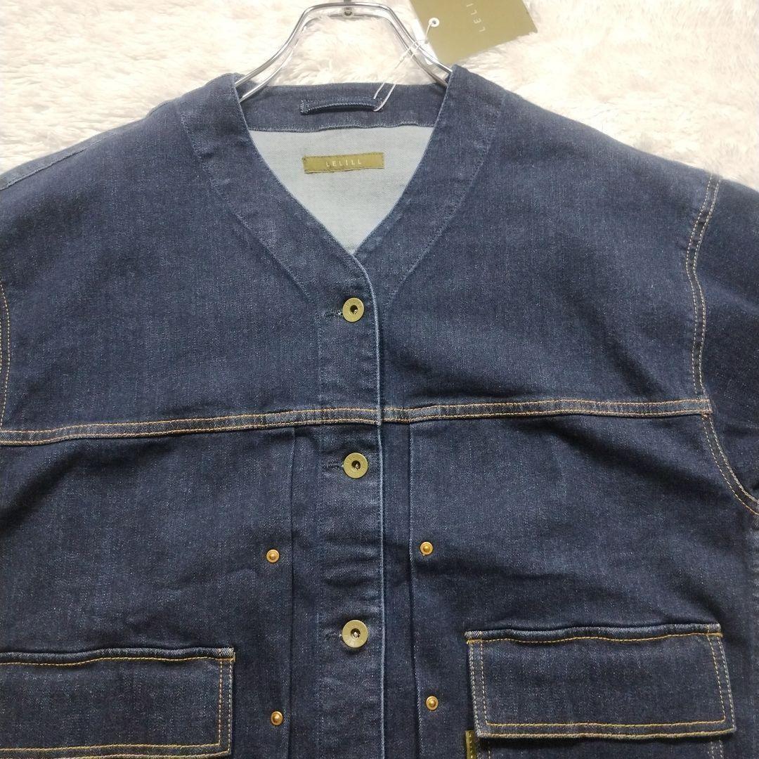 【新品】lelill　ノーカラー　デニム　ジャケット　カバーオール　ネイビー　紺