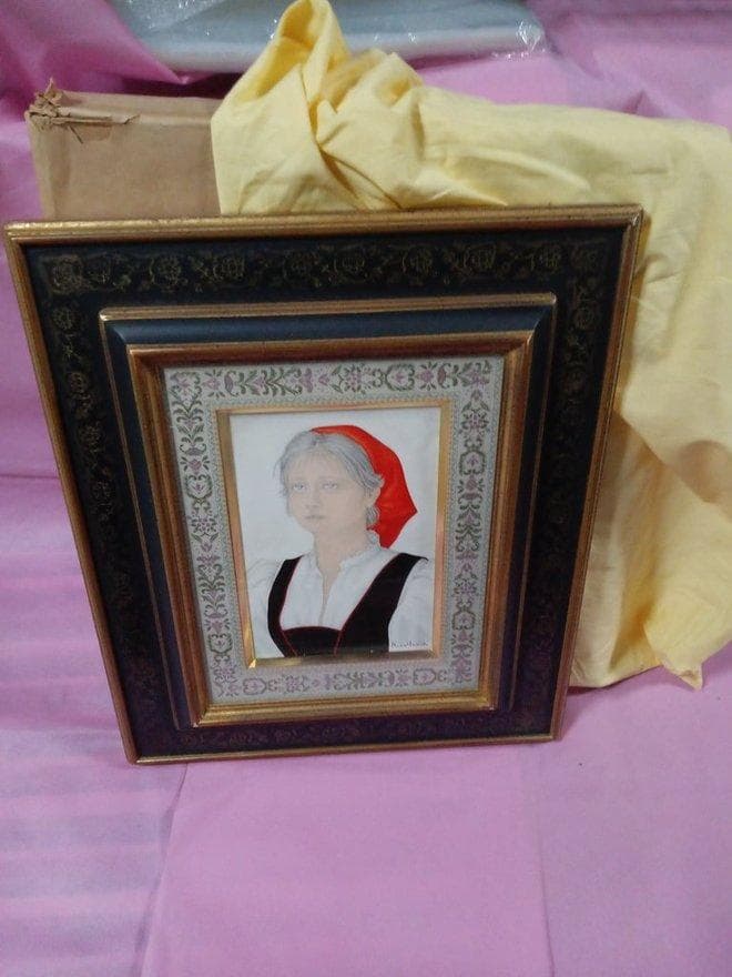 油彩画　栗原喜依子作「少女」　額付　SM　サイン有　真作保証　松坂屋シール有