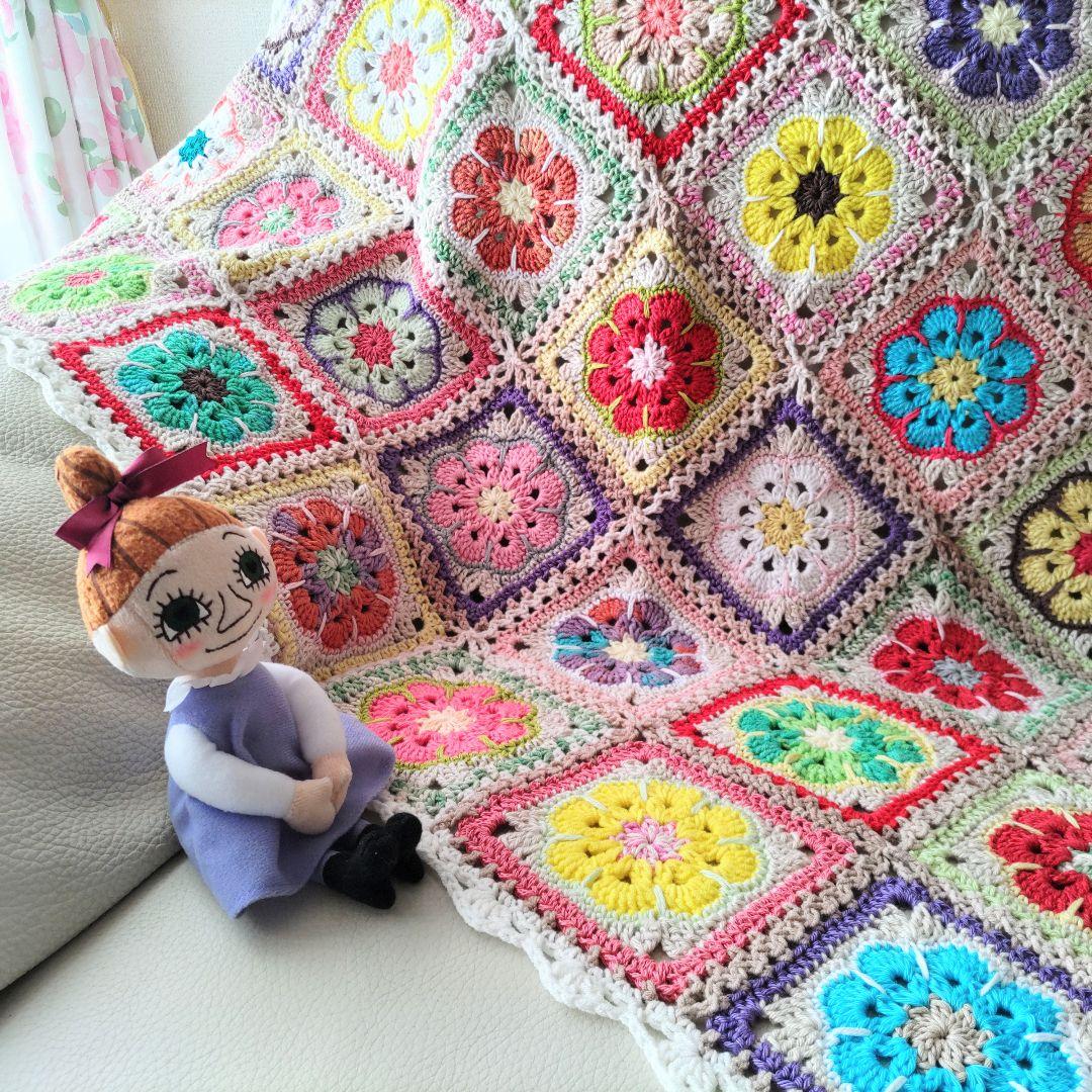 手編みブランケット★アフリカンフラワー★かぎ針編み★カラフル★ひざ掛け