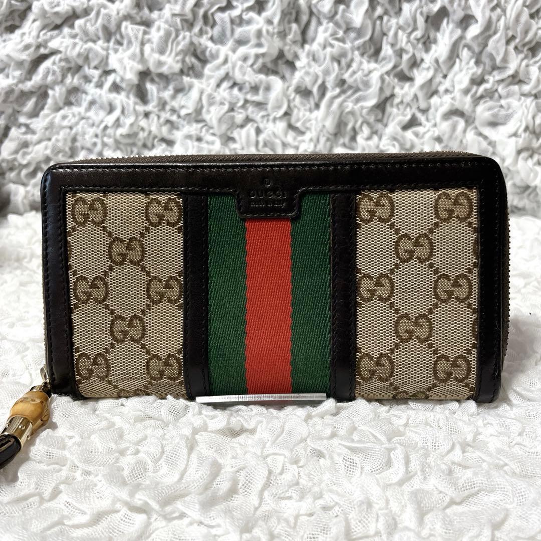 美品✨GUCCI GGキャンバス 長財布　ラウンド　シェリー　タッセル　バンブー