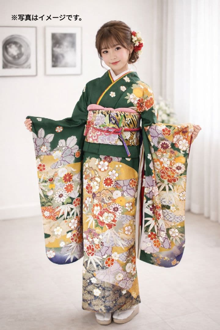 【大特価】振袖　古典柄　緑系　袋帯　その他セット