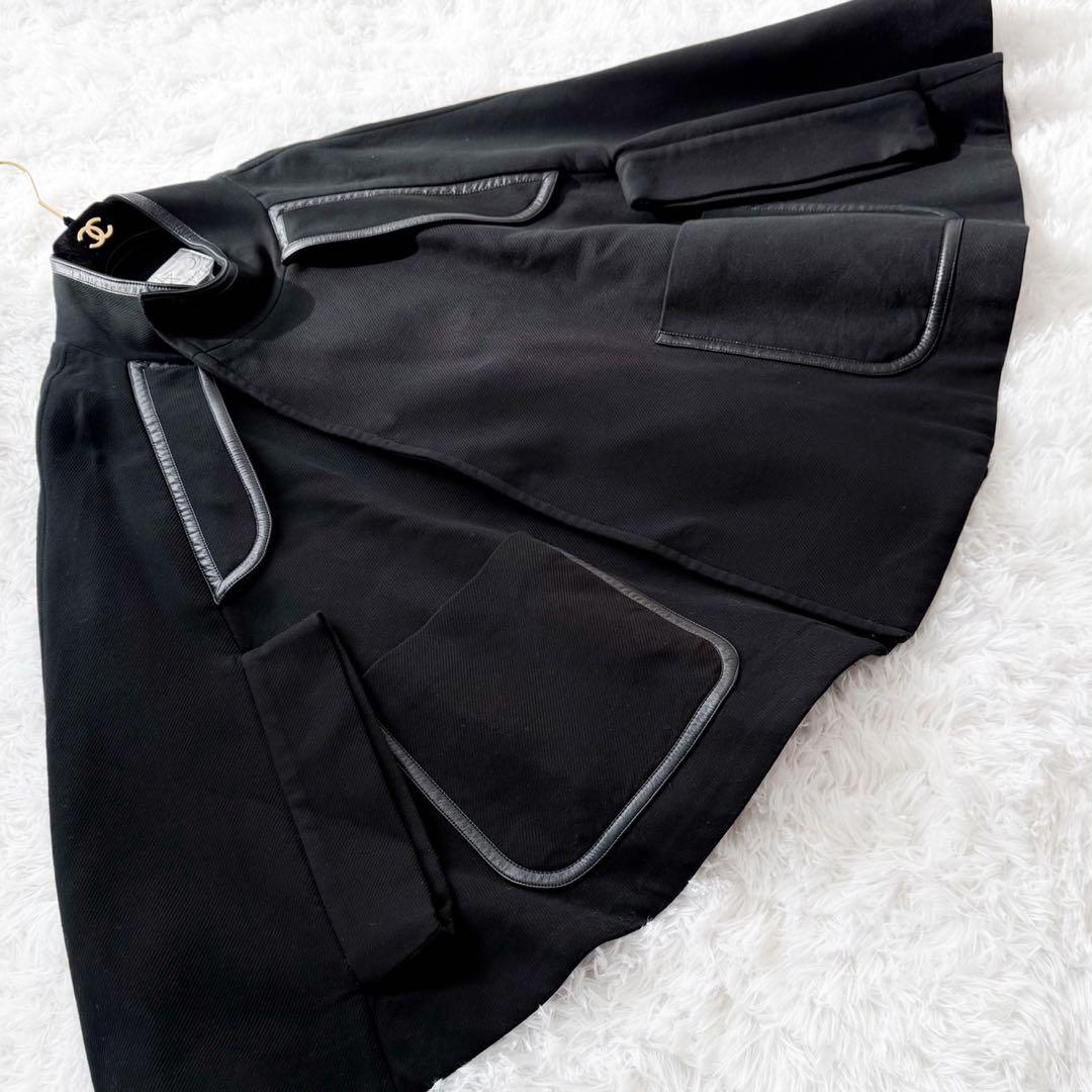 美品 ツモリチサト ポンチョ ケープコート 柄裏地 レザーパイピング ブラック