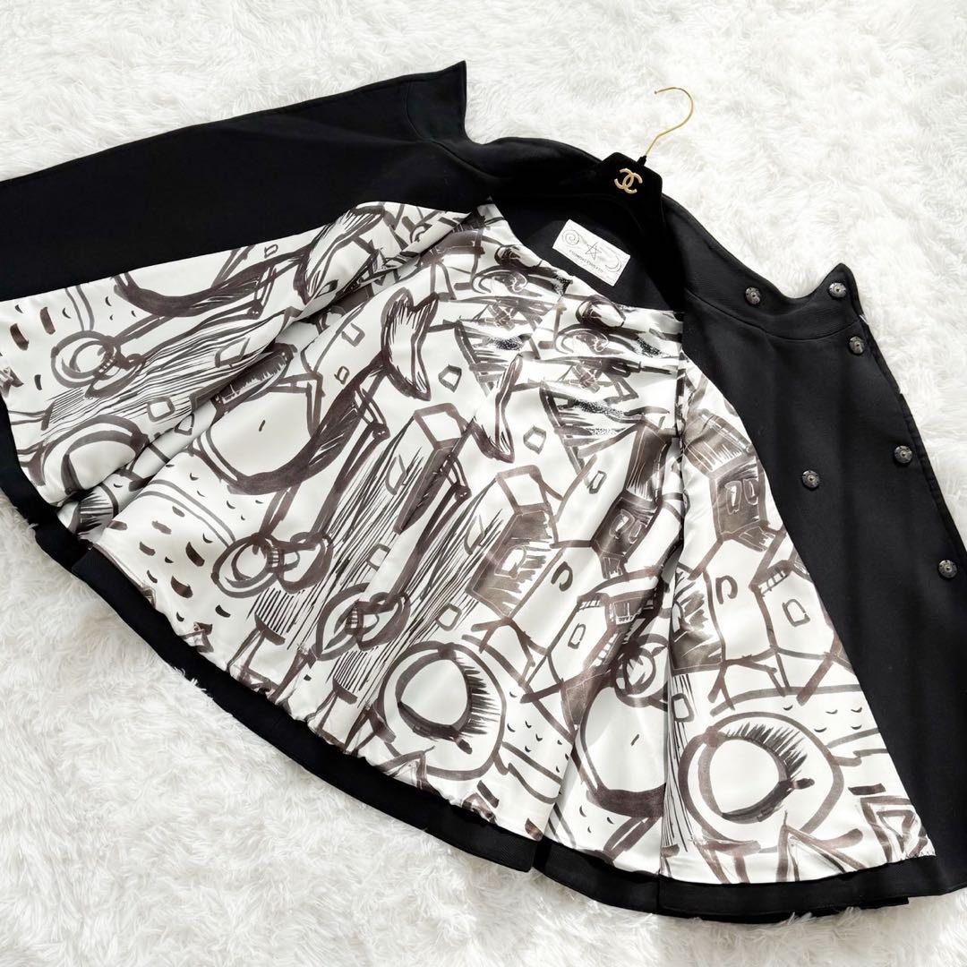 美品 ツモリチサト ポンチョ ケープコート 柄裏地 レザーパイピング ブラック