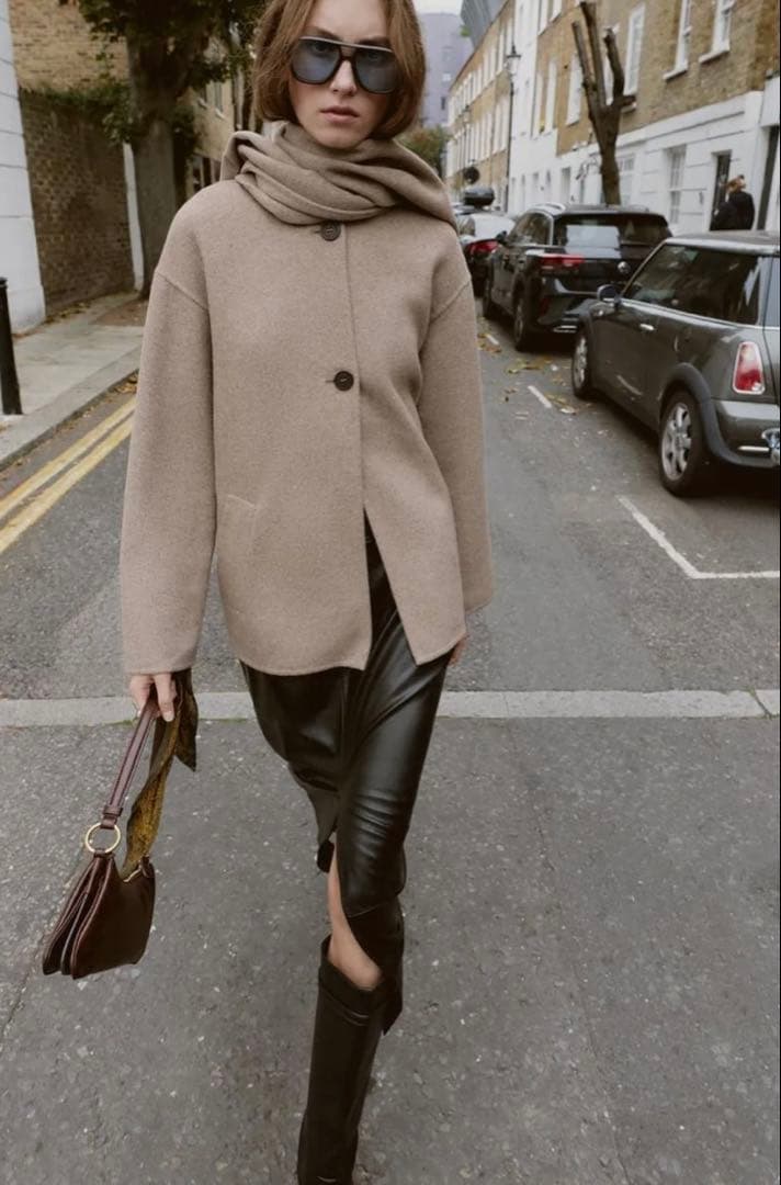 ZARA ウール ショートスカーフコート XS ミンク