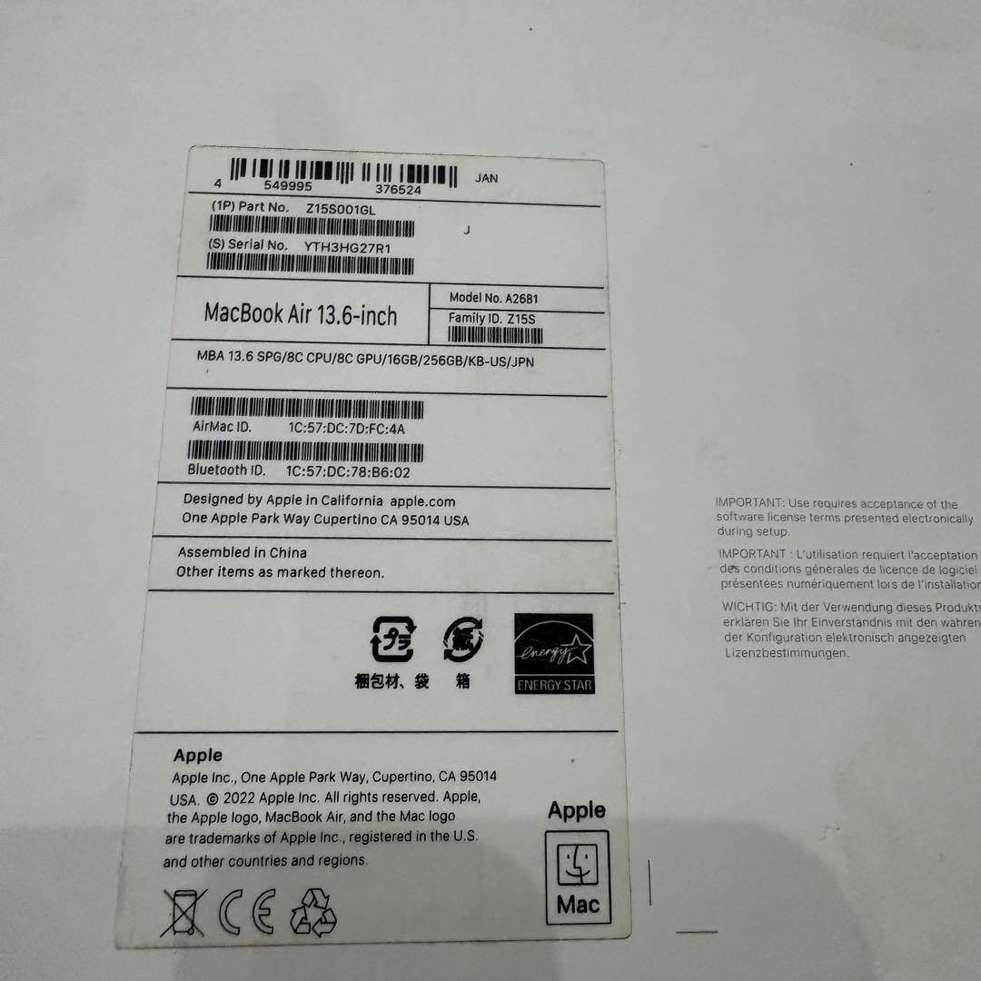 Apple MacBook Air M2 メモリ16GBスペースグレー