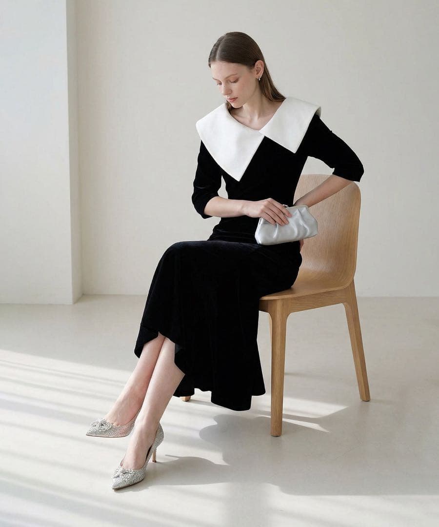 アシンメトリービッグカラーベロアマーメイドワンピースドレス