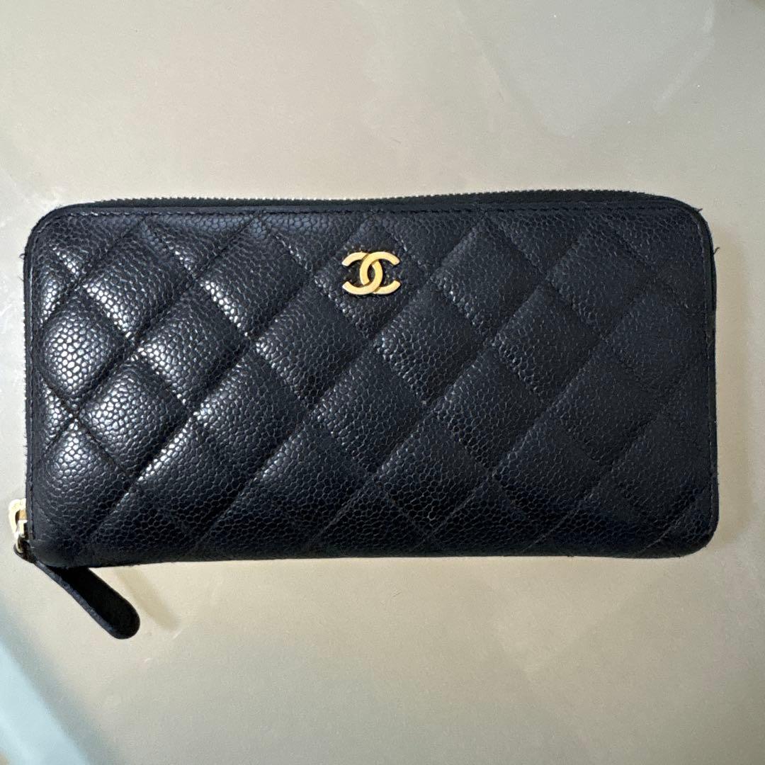 シャネル キャビアスキン 長財布 ラウンドジップ 黒 財布 マトラッセ ジップ