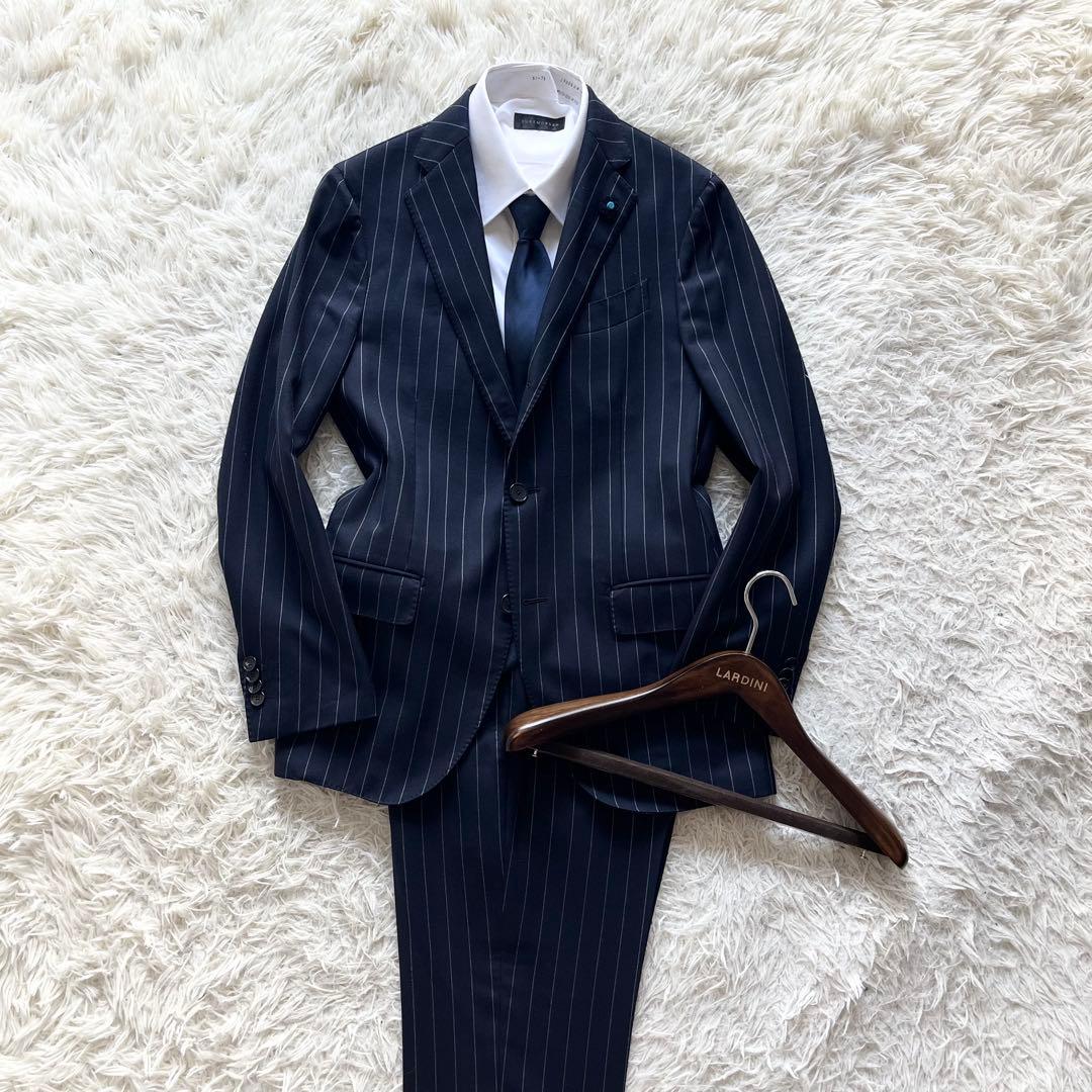 <美品>LARDINI ネイビー ウール スーツ ブートニエール サイズ44