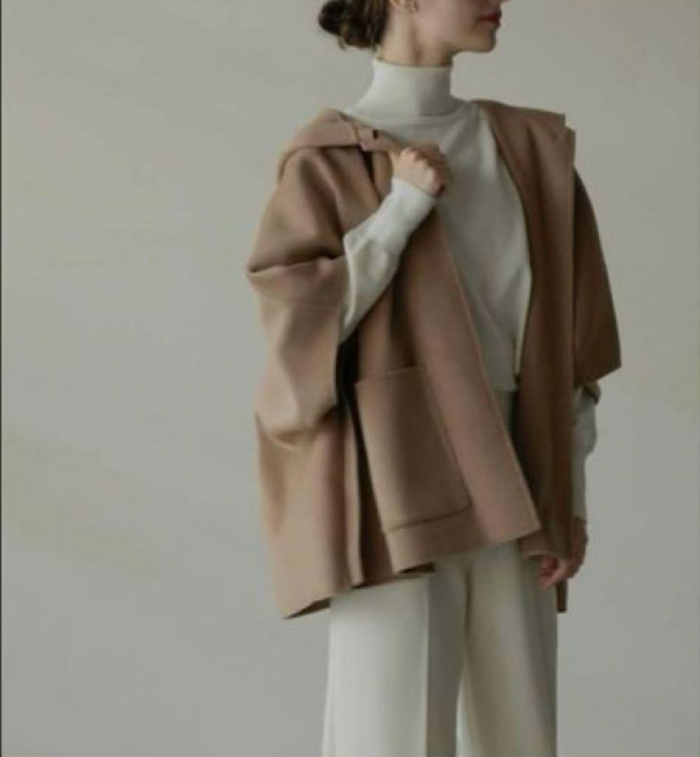 フード付きベージュウールコート フリーサイズ