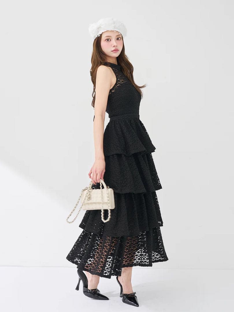 【新品未開封】Darich バックリボンフラワーレースティアードロングドレス S