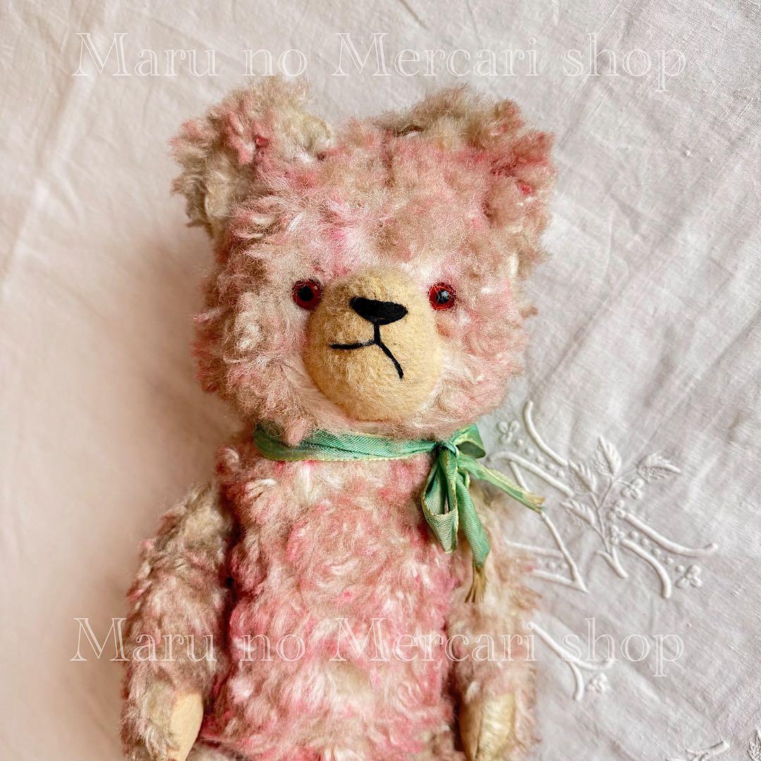 アンティーク　ドイツ　ピンクのベア　グリーンリボン　アンティークベア