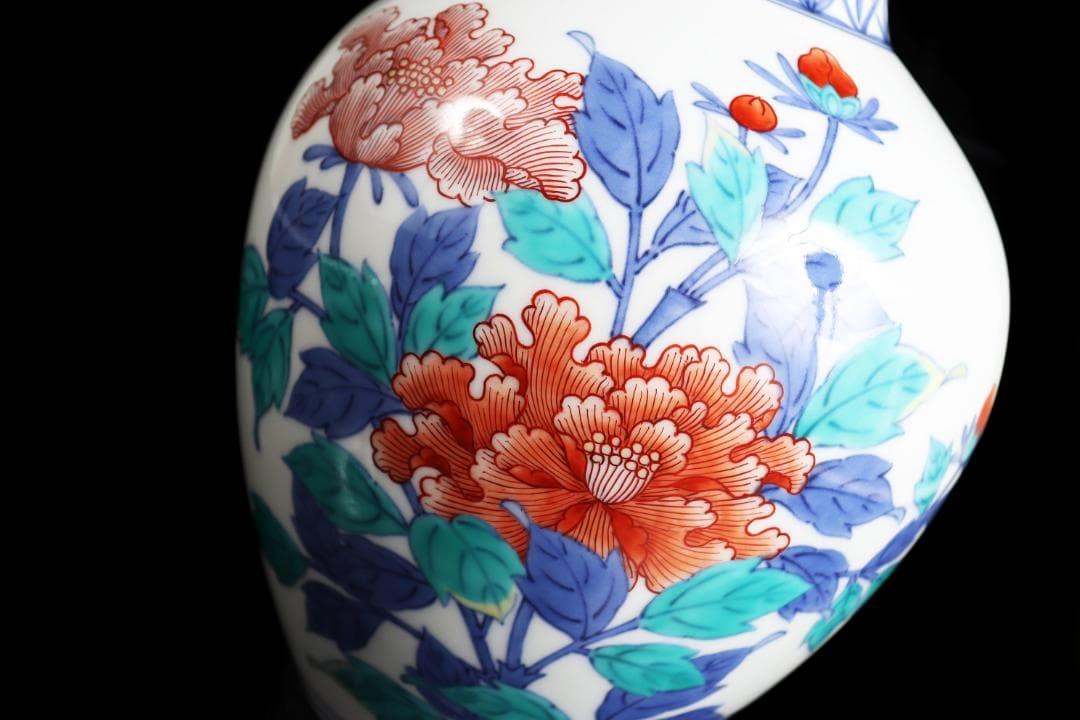 今泉今右衛門 色鍋島牡丹絵花瓶 共箱 花入